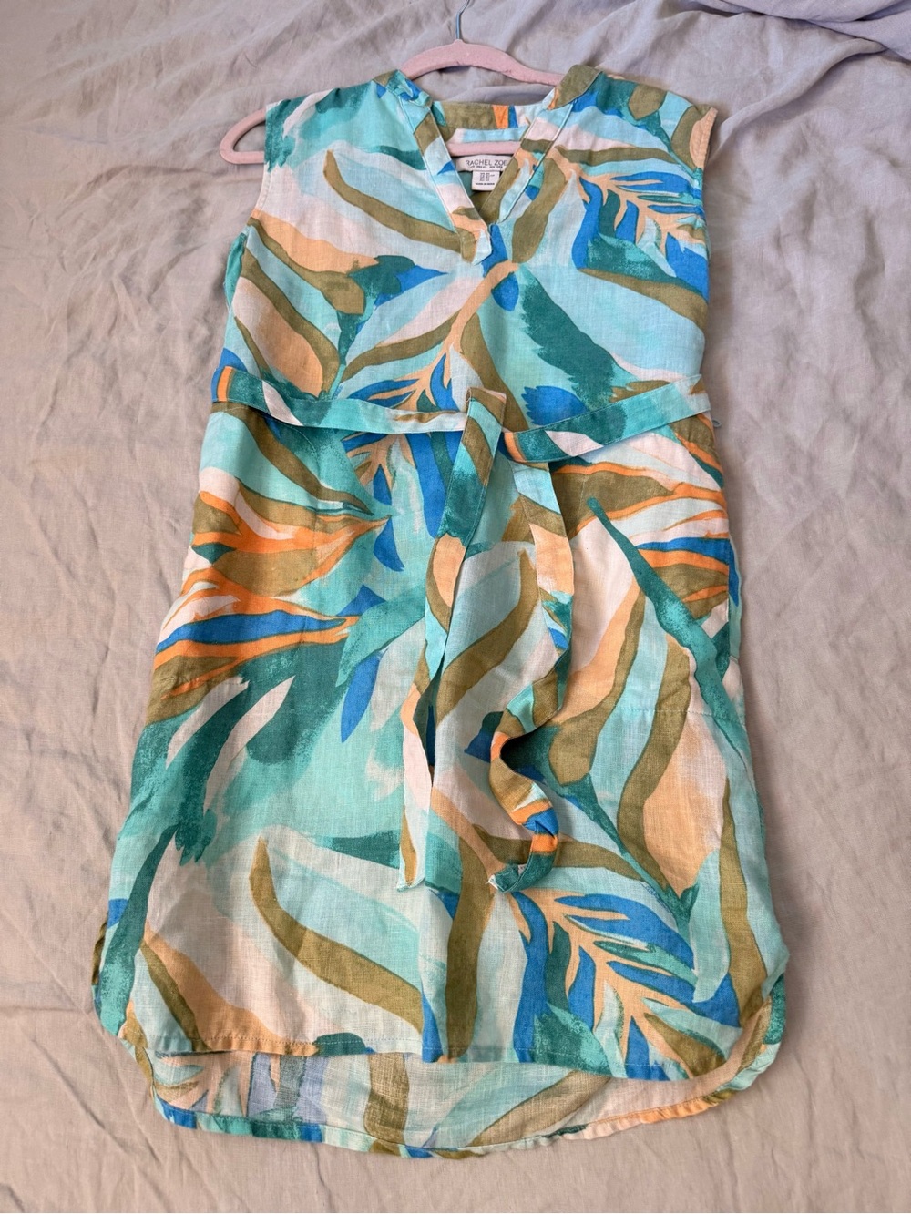 Rachel Zoe 100% Linen Leaf Print Sleeveless Dress